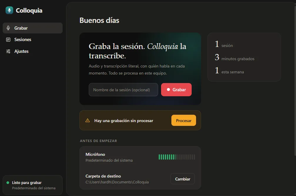 Pantalla Grabar de Colloquia con el nombre de la sesión, el botón Grabar, el micrófono y la carpeta de destino