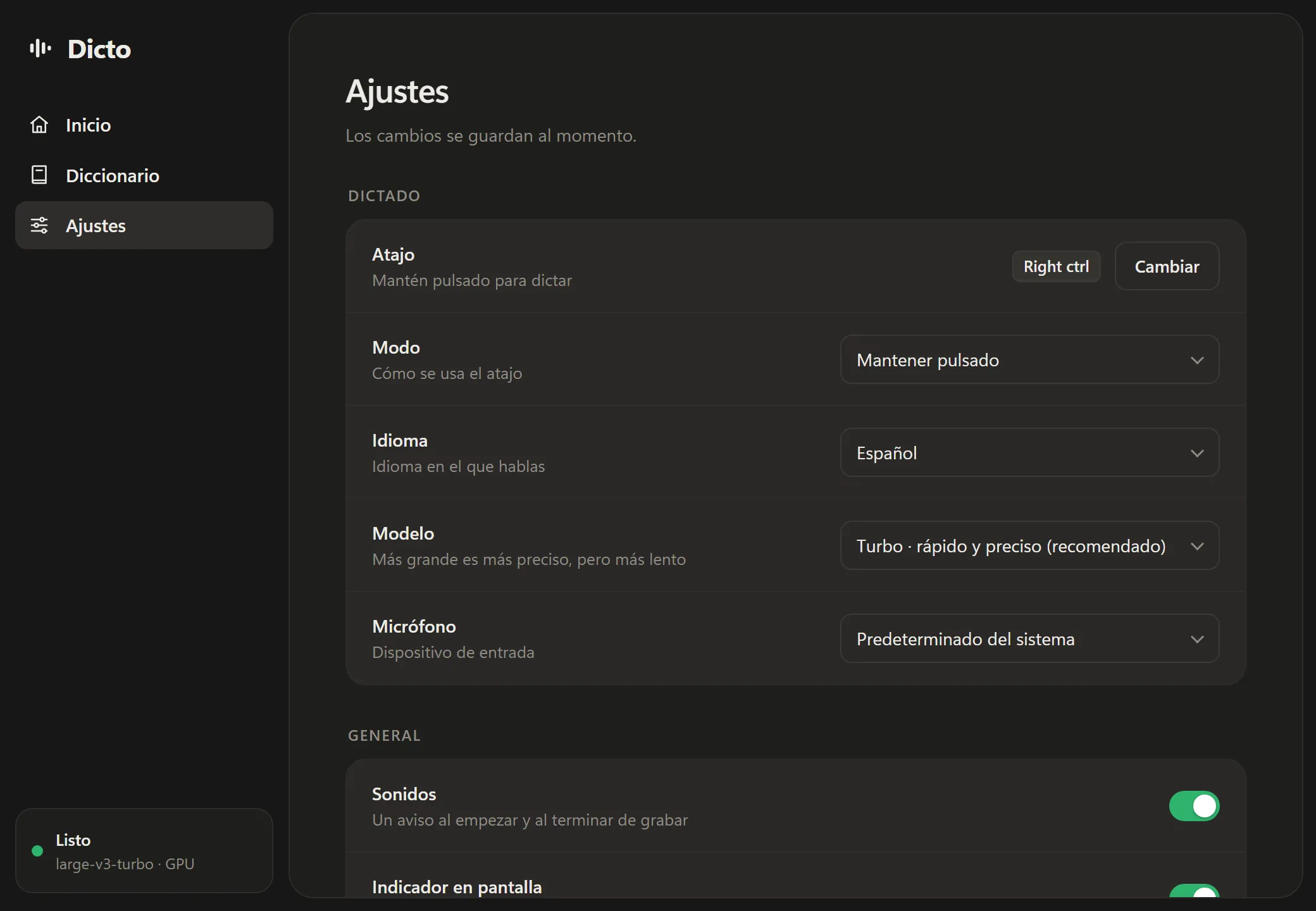 Ajustes de Dicto: atajo, modo, idioma, modelo de voz y micrófono